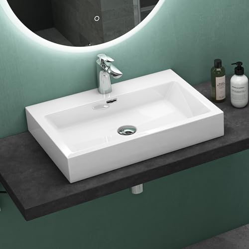 Mai & Mai Waschbecken Aufsatzwaschbecken Hängewaschbecken Breite: 60cm Waschschale Mineralguss in weiß 1 Armaturenloch Bad Eckig Col06 von Mai & Mai