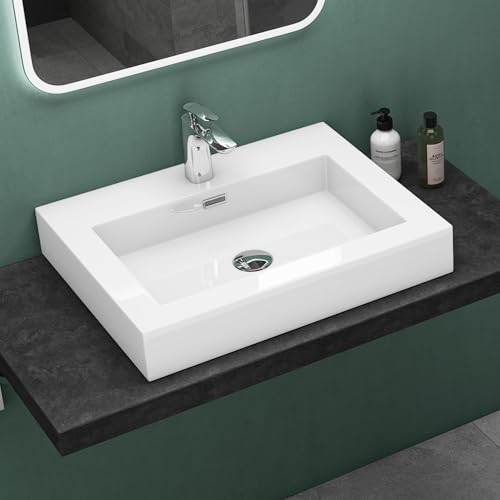 Mai & Mai Waschbecken Col18 Hängewaschtisch Aufsatzwaschbecken Mineralguss Weiß 1 Armaturenloch rechteckig Breite: 60 cm von Mai & Mai