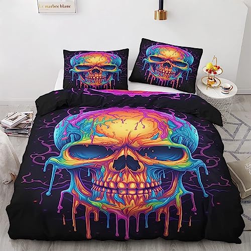 Bettwäsche 155x220cm Farbe Totenkopf Bettbezug Set 3 Teilig Farbgekritzel Schmelzender Schädel Einzelbett Bettbezug Weiche Microfaser Wendebettwäsche Mit Reißverschluss und 2 Kissenbezug 80x80cm von MaiShaRi