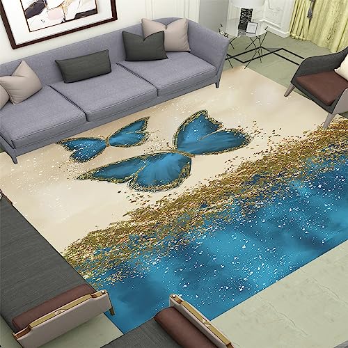 Tepich Moderne Wohnzimmer Abstraktes Schmetterlingsmuster Schlafzimmer Teppich Goldener Marmor Flur Outdoor Teppich rutschfest Waschbarer Bettvorleger Moderne Küche Carpet 140X200Cm von MaiShaRi