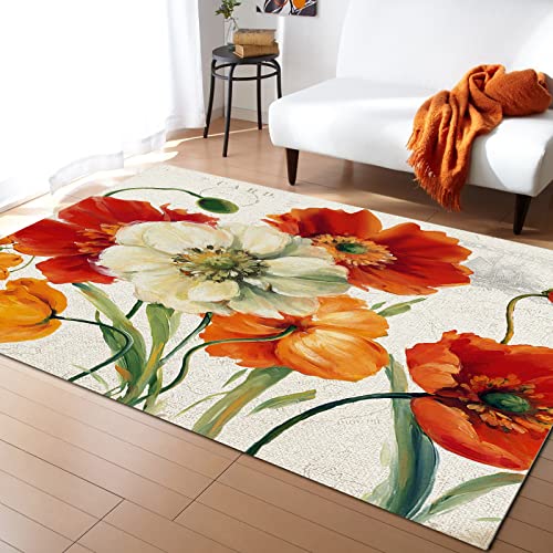 Teppich Kinderzimmer Mädchen Jungen Mohnblumen Wohnzimmer Schlafzimmer Teppich Vintage Ölgemälde Blumen Moderner Weicher Kinderteppich Bettvorleger Polyester Flur Waschbarer Teppich 160x230 cm von MaiShaRi