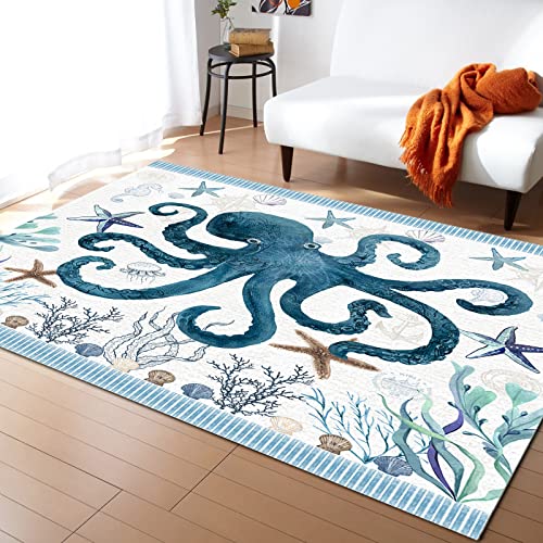 Teppich Meereslebewesen Oktopus, Seestern, Korallenpflanzen - Rutschfester Outdoor Teppich für Balkon, Küche, Wohnzimmer, Flur - 80x160cm - Blau - Polyester von MaiShaRi