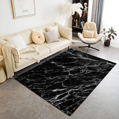 Teppich Schlafzimmer Marmor Outdoor Teppich Balkon Küche Wohnzimmer Flur Teppich Schwarz Weiß Marmoriert Bettvorleger rutschfest Waschbare Moderner Teppiche 80X160Cm von MaiShaRi