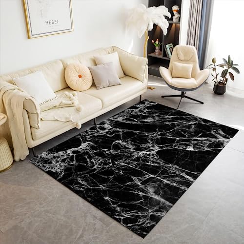Teppich Schlafzimmer Weich Teppich Wohnzimmer Marmor Tepich Moderne Küche Flur Bettvorleger Marmor Optik Schwarz Weiß Kinderteppich rutschfest Waschbarer Teppich Innenbereich 200x300 cm von MaiShaRi
