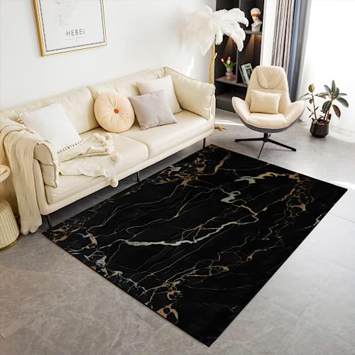 Teppich Wohnzimmer Marmorstruktur Teppich Küche Schlafzimmer Schwarzgoldener Marmor Outdoor Teppich Moderne Flur Balkon Waschbarer Teppich rutschfest Weich Carpet 100x200 cm von MaiShaRi