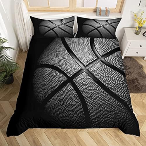 Basketball Bettwäsche 220x240cm 3 Teilig Schwarzer Basketballsport Bettbezug Set Atmungsaktiv 3D Motiv Microfaser Luxus Modern Bettdeckenbezug Mit Reißverschluss und 2 Kissenbezug 80x80cm von MaiShaRui