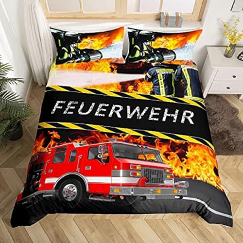 Bettbezug Set 135x200cm Feuerwehrauto Bettwäsche Set Feuerwehrmann Kinder 3 Teilig Mikrofaser 3D Motiv Luxus Modern Bettdeckenbezug Mit Reißverschluss und 2 Kissenbezug 80x80cm von MaiShaRui