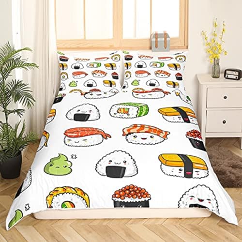 Bettbezug Set 135x200cm Japanisches Sushi Bettwäsche Set Cartoon-Food-Thema Sushi Kinder 3 Teilig Mikrofaser 3D Motiv Luxus Modern Bettdeckenbezug Mit Reißverschluss und 2 Kissenbezug 80x80cm von MaiShaRui