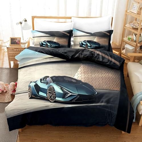 Bettbezug Set 135x200cm Sportwagen Bettwäsche Set Luxus-Sportwagen Kinder 3 Teilig Mikrofaser 3D Motiv Luxus Modern Bettdeckenbezug Mit Reißverschluss und 2 Kissenbezug 80x80cm von MaiShaRui