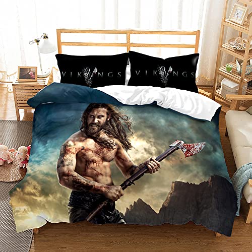 Bettbezug Set 135x200cm Wikinger-Krieger Bettwäsche Set Vikings Ragnar Warrior King Kinder 3 Teilig Mikrofaser 3D Motiv Luxus Modern Bettdeckenbezug Mit Reißverschluss und 2 Kissenbezug 80x80cm von MaiShaRui