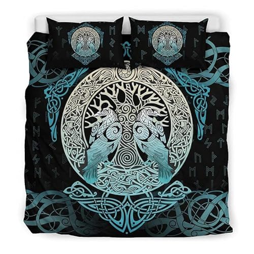 Bettwäsche 155x220cm Baum des Lebens Bettbezug Set 3 Teilig Wikinger Odin Krähe Keltischer Knoten Einzelbett Bettbezug 3D Motiv Modern Weiche Microfaser Mit Reißverschluss und 2 Kissenbezug 80x80cm von MaiShaRui