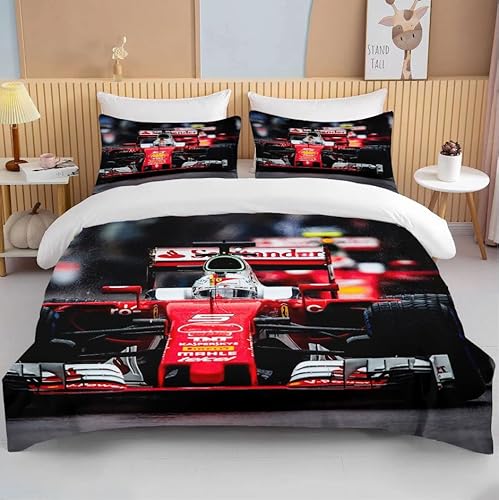 Bettwäsche 155x220cm F-1-Rennwagen Bettbezug Set 3 Teilig Roter Formel-1-Rennwagen Einzelbett Bettbezug 3D Motiv Luxus Modern Weiche Microfaser Mit Reißverschluss und 2 Kissenbezug 80x80cm von MaiShaRui