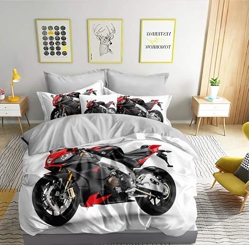 Bettwäsche 155x220cm Motorrad Bettbezug Set 3 Teilig Rot-schwarzes Motorradrennen Einzelbett Bettbezug Weiche Microfaser Wendebettwäsche Mit Reißverschluss und 2 Kissenbezug 80x80cm von MaiShaRui