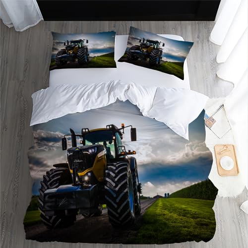 Bettwäsche 155x220cm Traktor Bettbezug Set 3 Teilig Autobahn Bauernhof Traktor Einzelbett Bettbezug 3D Motiv Luxus Modern Weiche Microfaser Mit Reißverschluss und 2 Kissenbezug 80x80cm von MaiShaRui