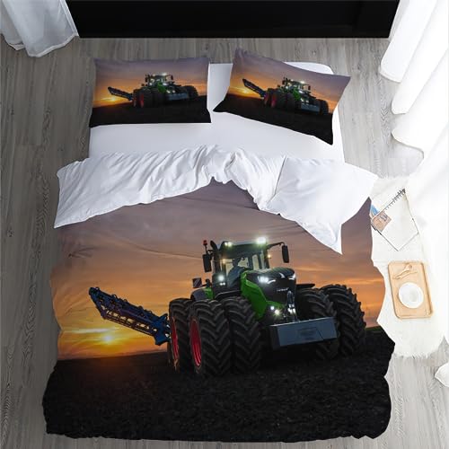 Bettwäsche 155x220cm Traktor Bettbezug Set 3 Teilig Grün Bauernhof Landwirtschaft Traktor Einzelbett Bettbezug 3D Motiv Luxus Modern Weiche Microfaser Mit Reißverschluss und 2 Kissenbezug 80x80cm von MaiShaRui