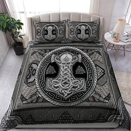 Bettwäsche 155x220cm Wikinger Bettbezug Set 3 Teilig Thors Hammer Wikinger Einzelbett Bettbezug 3D Motiv Luxus Modern Weiche Microfaser Mit Reißverschluss und 2 Kissenbezug 80x80cm von MaiShaRui