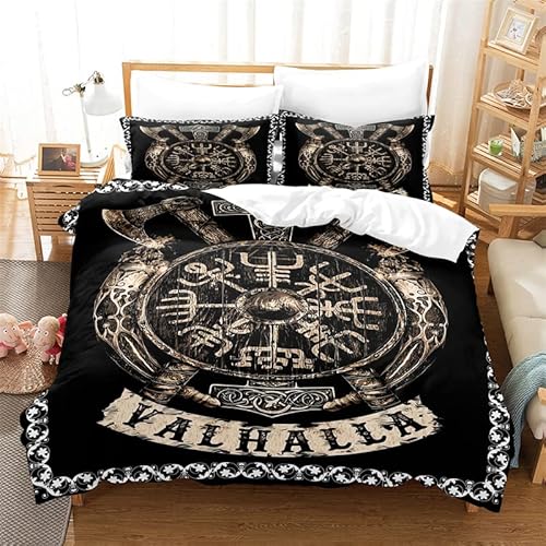 Bettwäsche 155x220cm Wikinger Bettbezug Set 3 Teilig Wikinger Mythologie Compass Axt Einzelbett Bettbezug 3D Motiv Luxus Modern Weiche Microfaser Mit Reißverschluss und 2 Kissenbezug 80x80cm von MaiShaRui