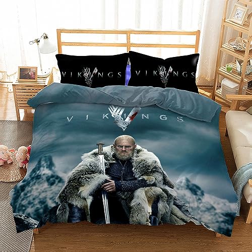 Bettwäsche 200x200cm Wikinger-Krieger Bettbezug Set 3 Teilig Vikings Ragnar Warrior King Weiche Microfaser 3D Motiv Luxus Modern Bettdeckenbezug mit Reißverschluss und 2 Kissenbezüge 80x80cm von MaiShaRui