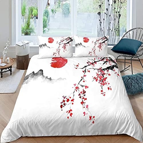 Japanische Kirschblüten Bettwäsche 135x200cm Rote Alpenkirschblüten Bei Sonnenuntergang Kinder Bettbezug Set 3 Teilig Microfaser 3D Motiv Bettdeckenbezug Mit Reißverschluss und 2 Kissenbezüge 80x80cm von MaiShaRui