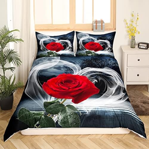 Kinderbettwäsche 135x200cm Jungen Rote Rosenblüte Bettbezug Set 3 Teilig Mond Psychedelische Waldrosen Microfaser Einzelbett 3D Motiv Luxus Modern mit Reißverschluss und 2 Kissenbezüge 80 x 80cm von MaiShaRui