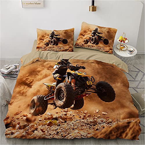 Motorrad Bettwäsche 135x200cm Quad-Bike Kinder Bettbezug Set 3 Teilig Microfaser 3D Motiv Luxus Modern Bettdeckenbezug Mit Reißverschluss und 2 Kissenbezüge 80x80cm von MaiShaRui