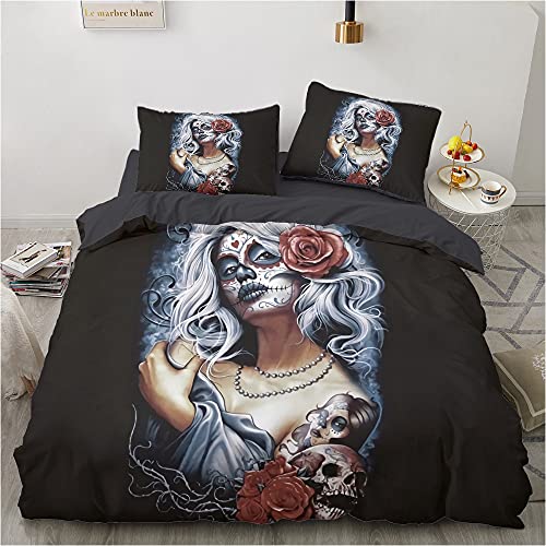 Skelett Bettwäsche 135x200cm Totenkopf Tattoo Mädchen Rose Kinder Bettbezug Set 3 Teilig Microfaser 3D Motiv Luxus Modern Bettdeckenbezug Mit Reißverschluss und 2 Kissenbezüge 80x80cm von MaiShaRui