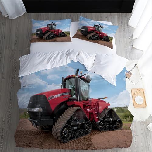 Traktor Bettwäsche 135x200cm Rot Raupe Traktor Kinder Bettbezug Set 3 Teilig Microfaser 3D Motiv Luxus Modern Bettdeckenbezug Mit Reißverschluss und 2 Kissenbezüge 80x80cm von MaiShaRui