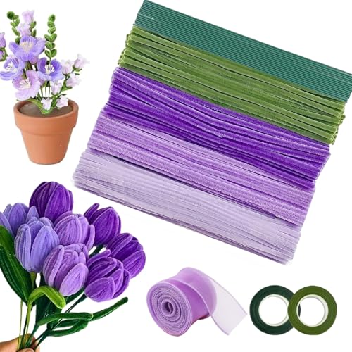 Bouquet Pfeifenreiniger Set, 400 Stück Pipe Cleaner Bastelset, 4 Farben Flexibel Verdickt Chenilledraht, Pfeifenputzer zum Basteln, mit Basteldraht, Schleifenband, Klebeband, für DIY Blumenstrauß von MaibaoteMbt