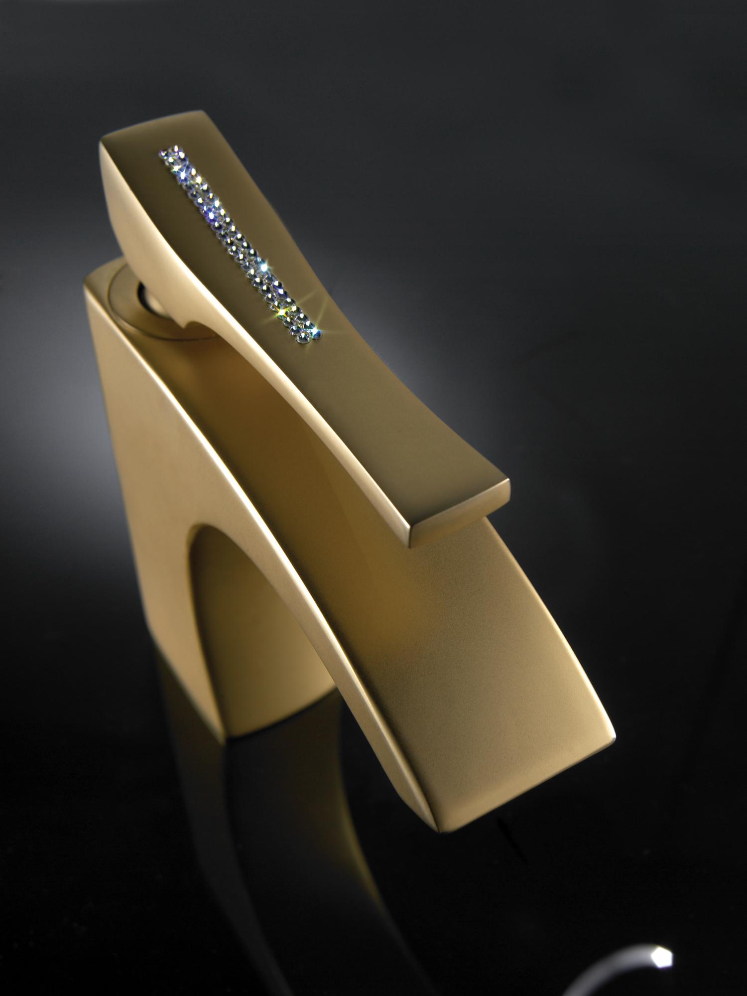 Maier Skip Diamond Einhebel Waschtischmischer Hoch mit Click - Clack Ablauf Gold Glänzend von Griferias Maier