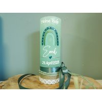 Taufkerze Emil Taufe Jungen Kerze Grau Mint Moos Grün Salbei Vintage Rustik Boho Regenbogen Silber von Maifeldkerzen