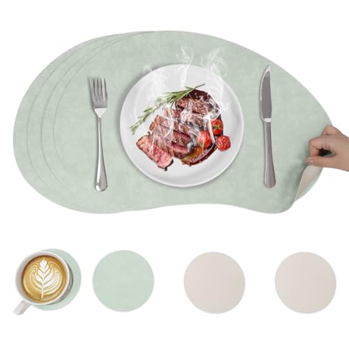 4er Set Tischsets abwaschbar und Untersetzer, Große Mango hitzebeständig Leder-Imitat beidseitige Tischunterlage Esstisch Deko Outdoor Platzsets 50x32cm, Hellgrün+Beige von Maigaoukus