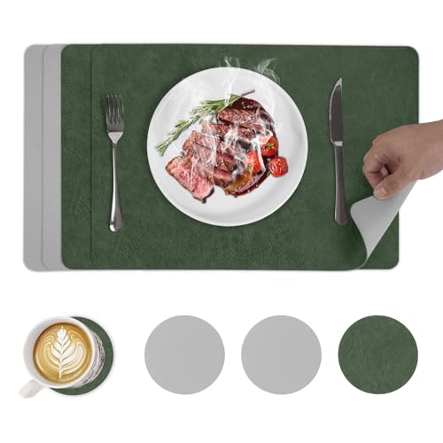 4er Set Tischsets abwaschbar und Untersetzer, hitzebeständig Leder-Imitat beidseitige Tischunterlage Esstisch Deko Outdoor Platzsets 43x30cm, Grün+Hellgrau von Maigaoukus