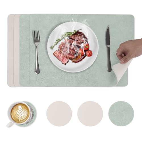 4er Set Tischsets abwaschbar und Untersetzer, hitzebeständig Leder-Imitat beidseitige Tischunterlage Esstisch Deko Outdoor Platzsets 43x30cm, Hellgrün+Beige von Maigaoukus