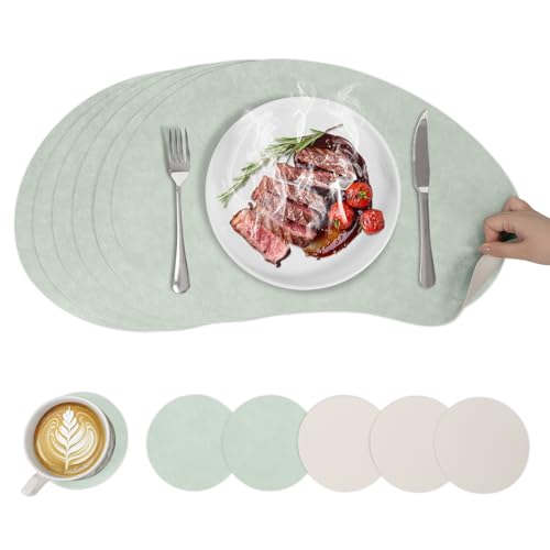 6er Set Tischsets abwaschbar und Untersetzer, Große Mango hitzebeständig Leder-Imitat beidseitige Tischunterlage Esstisch Deko Outdoor Platzsets 50x32cm, Hellgrün+Beige von Maigaoukus