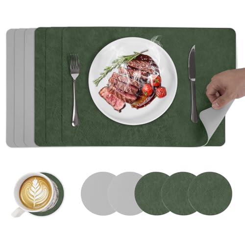 6er Set Tischsets abwaschbar und Untersetzer, hitzebeständig Leder-Imitat beidseitige Tischunterlage Esstisch Deko Outdoor Platzsets 43x30cm, Grün+Hellgrau von Maigaoukus