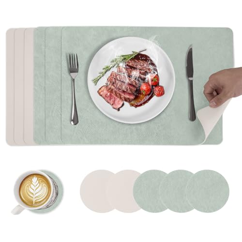 6er Set Tischsets abwaschbar und Untersetzer, hitzebeständig Leder-Imitat beidseitige Tischunterlage Esstisch Deko Outdoor Platzsets 43x30cm, Hellgrün+Beige von Maigaoukus