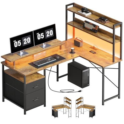 Maihail L-förmiger Schreibtisch mit Regalen, wendbarer Computertisch mit LED-Lichtern und Ladestation, Eckschreibtisch für Heimbüro, mit Monitorständer, Braun Maihail L-förmiger Schreibtisch mit Regalen, wendbarer Computertisch mit LED-Lichtern und Ladestation, Eckschreibtisch für Heimbüro, mit Monitorständer, Braun von Maihail