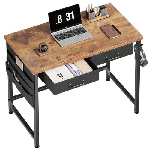 Maihail Maihail Kleiner Schreibtisch mit Schubladen, 80 cm kleiner Computertisch, Schreibtisch für kleine Räume, kleiner Bürotisch mit Metallrahmen, rustikales Braun von Maihail