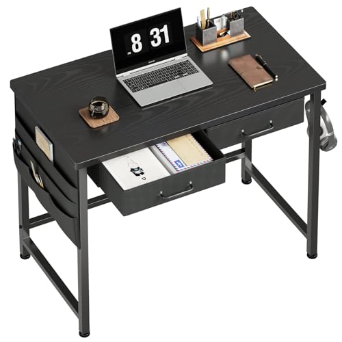 Maihail Maihail Kleiner Schreibtisch mit Schubladen, 80 cm Computertisch mit Schubladen, kleiner Bürotisch mit Metallrahmen, Schwarz von Maihail