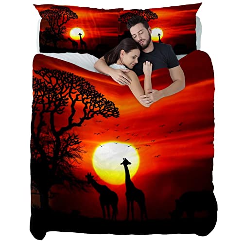 Maikoler 3-teiliges Bettwäsche-Set für Einzelbett, Afrika-Tiere, Sonnenuntergang, Silhouette, weicher Bettbezug, Bettwäsche-Set für alle Jahreszeiten, 135 cm x 200 cm von Maikoler