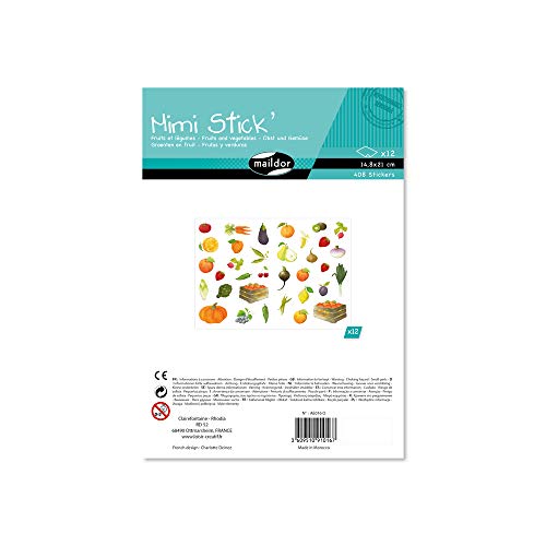 Maildor AE016O Packung mit 408 Stickers Mini Stick (ideal für Kinder ab 5 Jahren, 12 Blätter in Format DIN A5, 14,8 x 21 cm, Obst und Gemüse) von Maildor