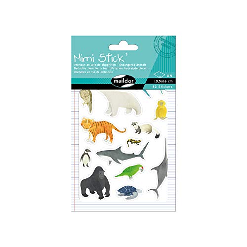 Maildor AE021O Packung mit 62 Stickers Mini Stick (ideal für Kinder ab 5 Jahren, 4 Blätter in Format DIN A6, 10,5x 14,8 cm, bedrohte Tiere) von Maildor