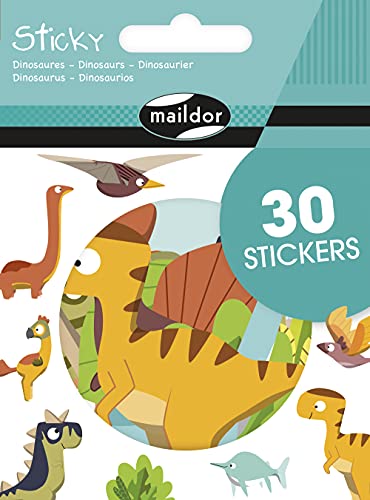 Maildor AE180C - Packung 4 Stickerbogen Sticky, 30 Stickers, Großformat, ideal für Scrapbooking oder die Dekoration des Tagebuchs, der Bücher oder Hefte, Dino, 1 Pack von Maildor