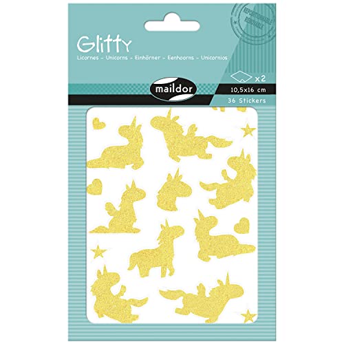 MY MANDARINE AE218C - Packung Glitty, 4 Stickerbogen 10,5x16cm, (36 Stickers), mit Glitzer, Einhorn in Rosa/Gelb, 1 Pack von My Mandarine