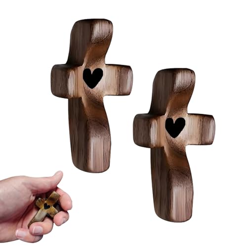 Mailfull Geschnitztes Handschmeichler 2 Stück Klein Holzkreuz (5x3cm) Handgeschnitztes Liebeskreuz aus Holz mit Herzen für Andachtsgebete Taufe Kommunion von Mailfull