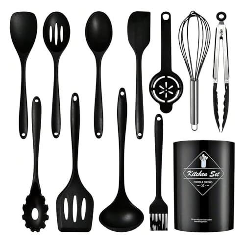 12PCS Silikon-Küchenutensilienset Hochtemperaturbeständige Küchenutensilien Kochlöffel Schaufelfilter Schneebesen Antihaft-Küchenutensilien mit Aufbewahrungsbehältern Spülmaschinenfest von Maimeili