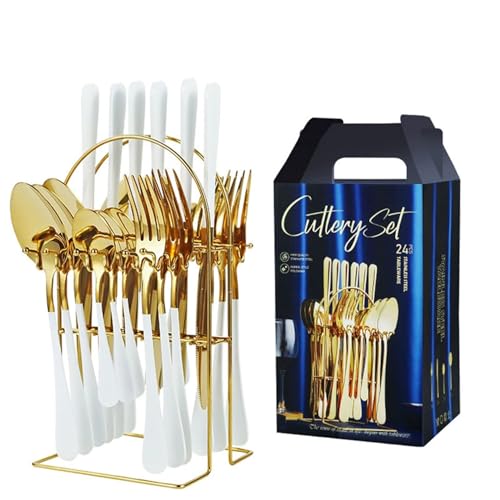 24PCS Farbenfrohes und glänzendes Hängeregal Spiegelpoliertes Geschirrset Mit Gabel, Löffel und Messer Geeignet für westliche Speisen Steakpartys Veranstaltungen Täglicher Gebrauch von Maimeili