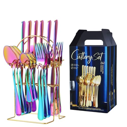 24PCS Farbenfrohes und glänzendes Hängeregal Spiegelpoliertes Geschirrset Mit Gabel, Löffel und Messer Geeignet für westliche Speisen Steakpartys Veranstaltungen Täglicher Gebrauch von Maimeili