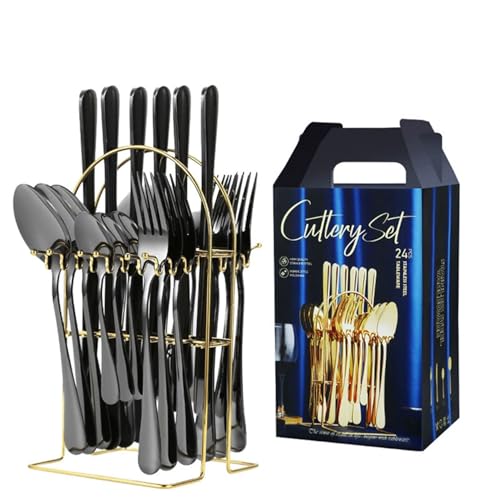 24PCS Farbenfrohes und glänzendes Hängeregal Spiegelpoliertes Geschirrset Mit Gabel, Löffel und Messer Geeignet für westliche Speisen Steakpartys Veranstaltungen Täglicher Gebrauch von Maimeili