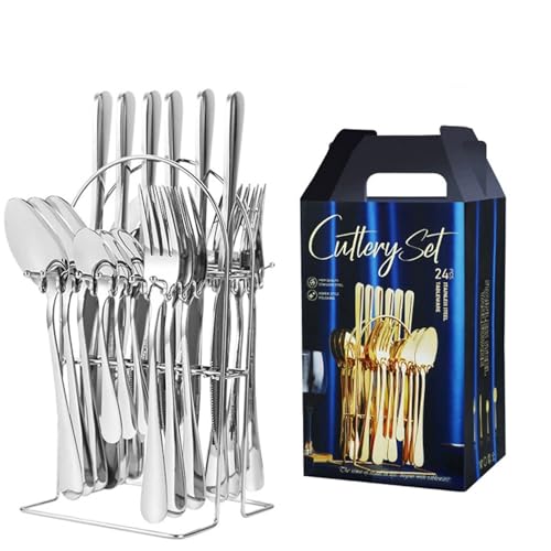 24PCS Farbenfrohes und glänzendes Hängeregal Spiegelpoliertes Geschirrset Mit Gabel, Löffel und Messer Geeignet für westliche Speisen Steakpartys Veranstaltungen Täglicher Gebrauch von Maimeili